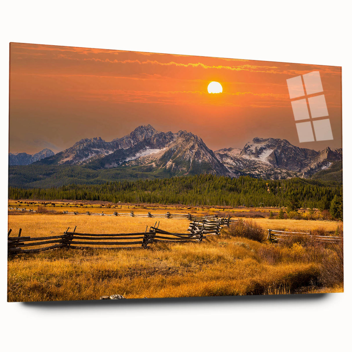 Large abstract wall art of Idaho landscape on acrylic glass, featuring earthy tones, ideal for bedroom or dining room decor.