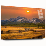 Large abstract wall art of Idaho landscape on acrylic glass, featuring earthy tones, ideal for bedroom or dining room decor.