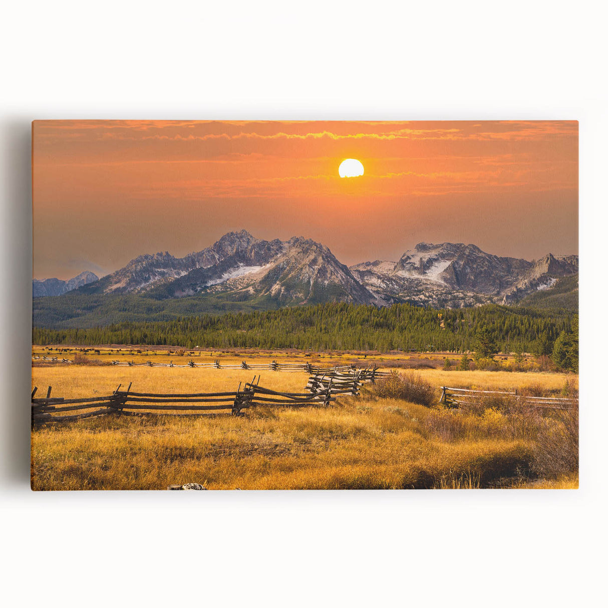 Black and white stretched canvas featuring a serene Idaho landscape, ideal for kitchen wall art.