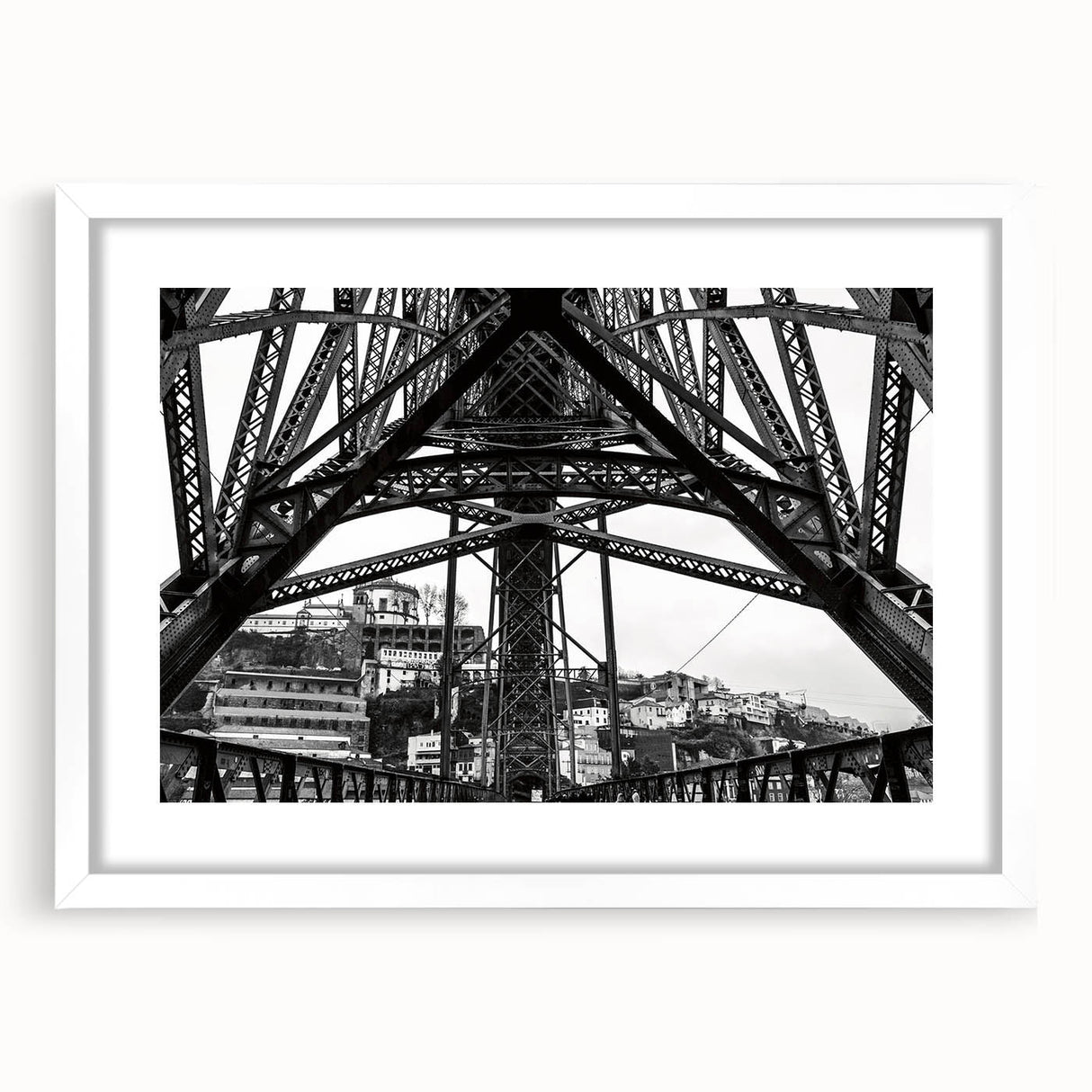 Abstract art print of New Orleans skyline in muted blues and grays on a white framed canvas.