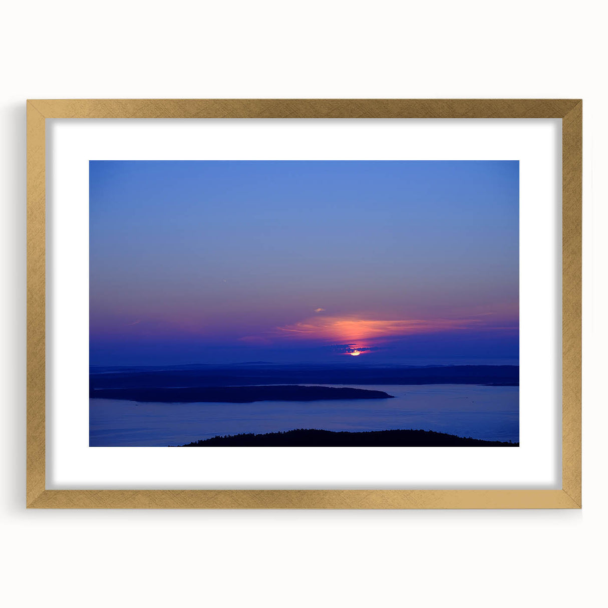 Extra large textured abstract art print of Acadia, Maine, in a gold frame, ideal for living room decor.