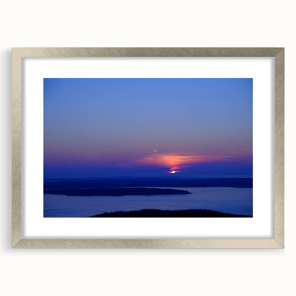 Textured art depicting an abstract Acadia, Maine landscape in muted earth tones on a silver-framed mat.