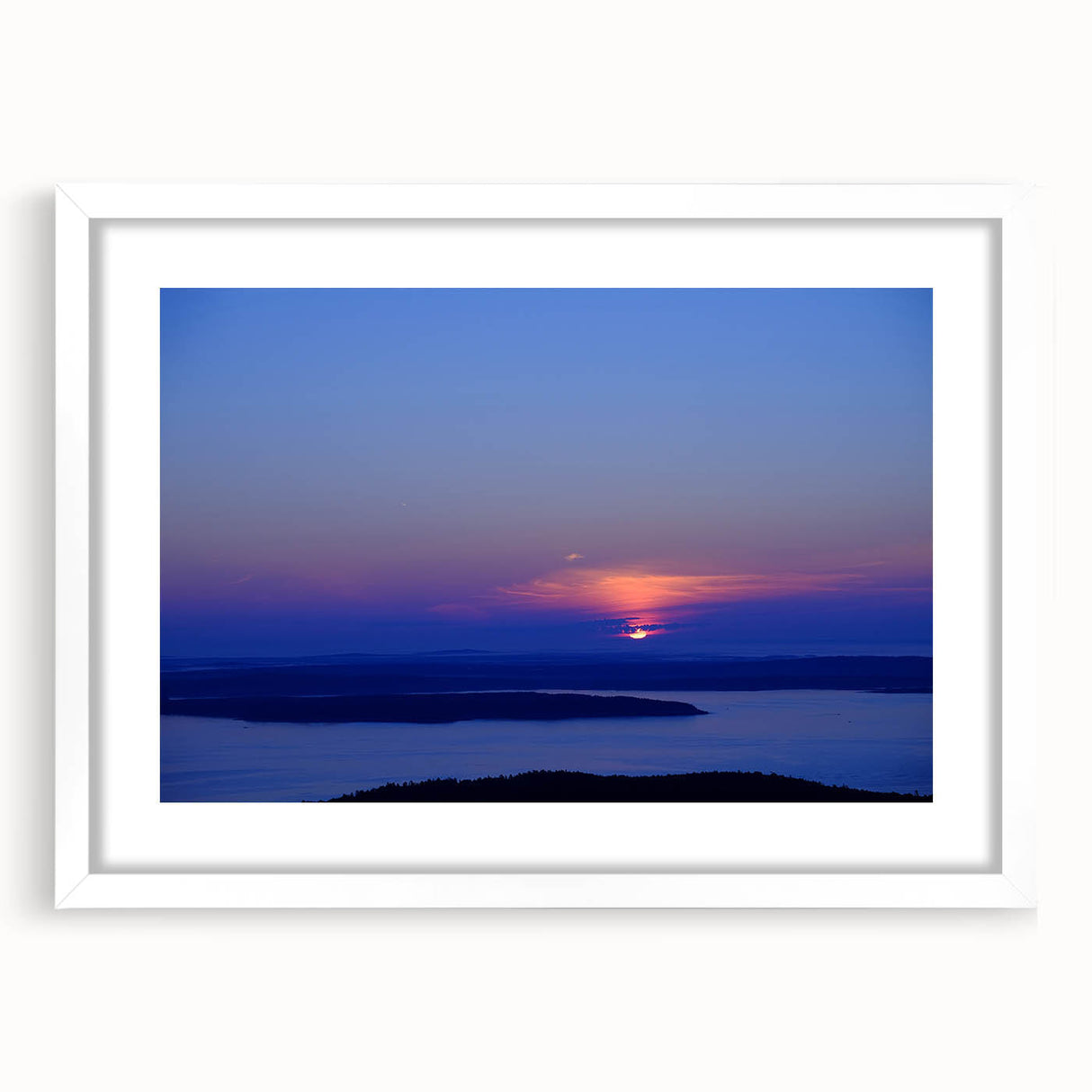 Abstract art print of Acadia in Maine with muted earth tones on a framed white canvas, ideal for dining room decor.