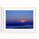 Abstract art print of Acadia in Maine with muted earth tones on a framed white canvas, ideal for dining room decor.