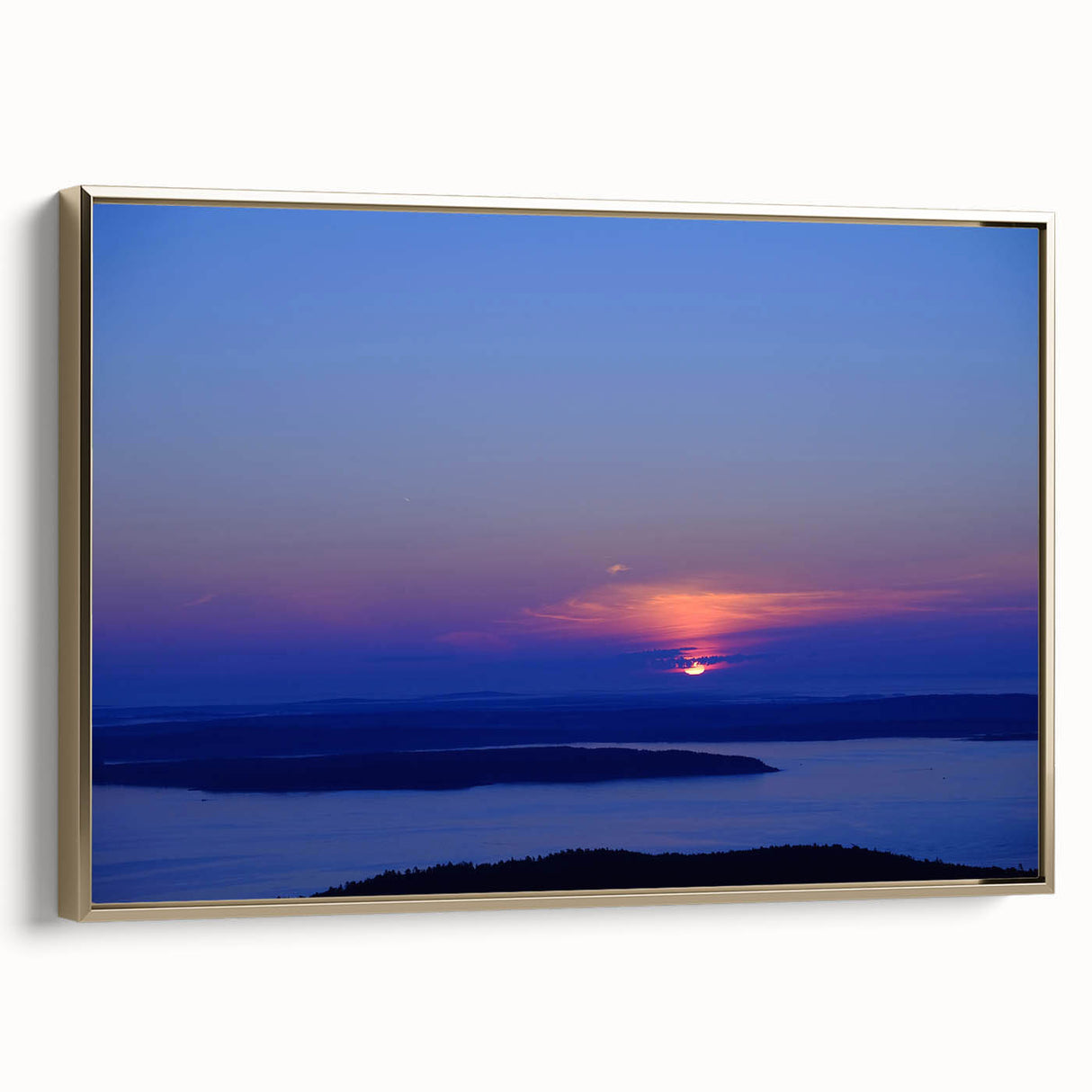 Framed canvas depicting a landscape scene from Acadia, Maine, in muted earth tones, suitable as wall art for a bedroom.