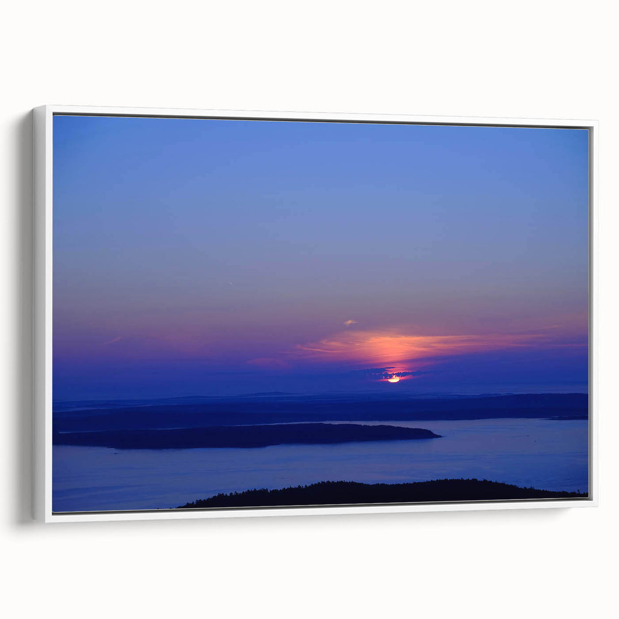 Vintage poster art of Acadia, Maine scenery on a framed canvas, featuring colorful art in a black and white palette.