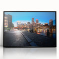 Large abstract wall art depicting the Boston skyline in muted gray and blue tones, framed in black acrylic.
