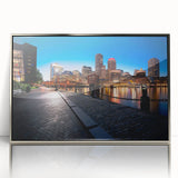 Framed acrylic print of Boston skyline in muted gray and blue tones, styled in mid-century modernist art.