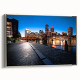 Framed canvas featuring a vintage-style landscape painting of Boston in colorful hues, ideal for enhancing a living room.