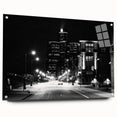 Acrylic print of a large abstract depiction of Detroit skyline in cool blue and gray tones.