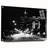 Acrylic print of a large abstract depiction of Detroit skyline in cool blue and gray tones.