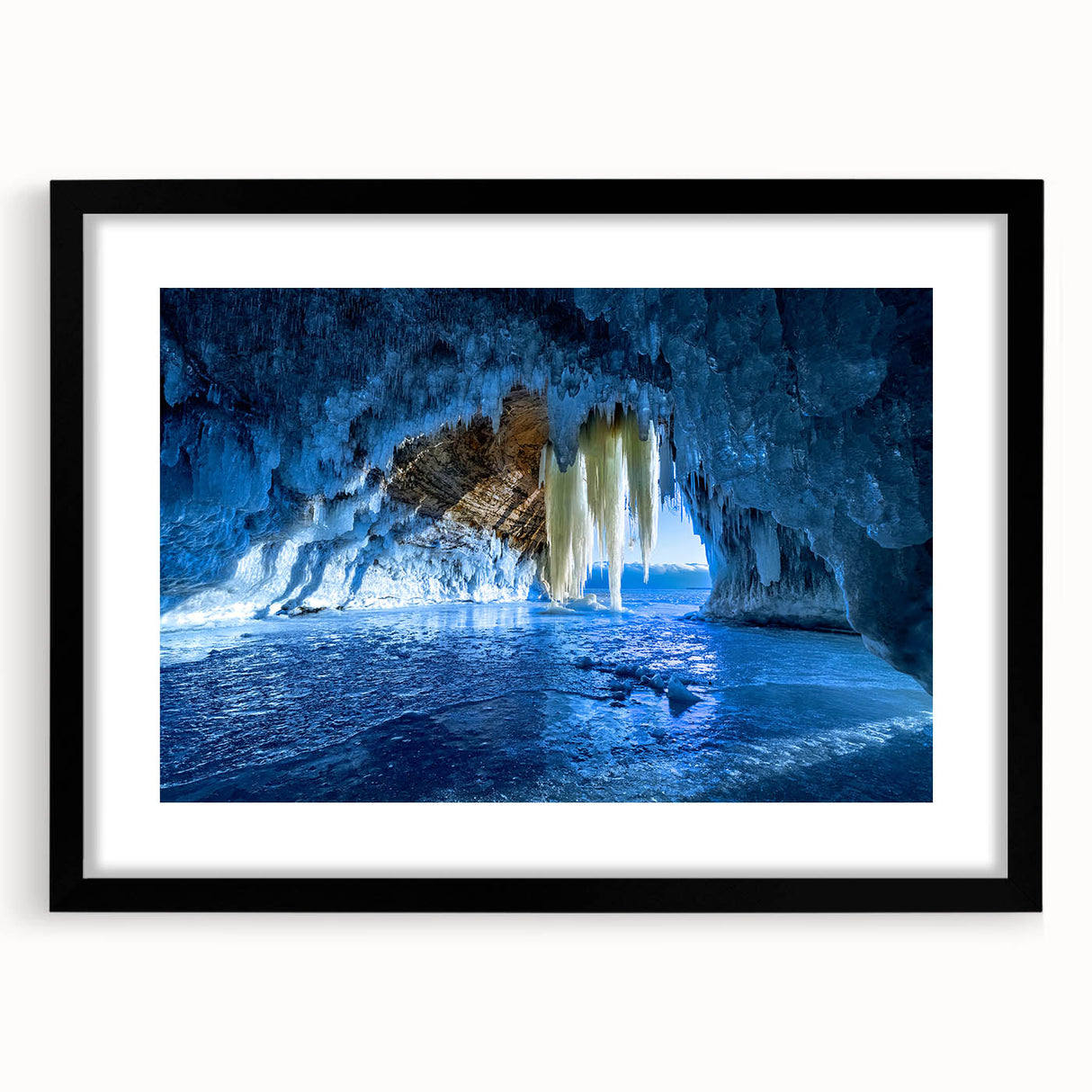 Extra large abstract art print of Michigan's Upper Peninsula in vibrant colors on a textured canvas, framed in black.