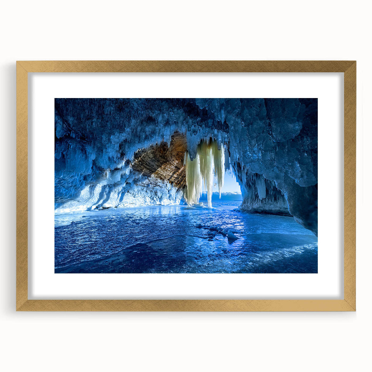 Extra large abstract art print of Michigan's Upper Peninsula in textured gold frame, using cool blues and greens.