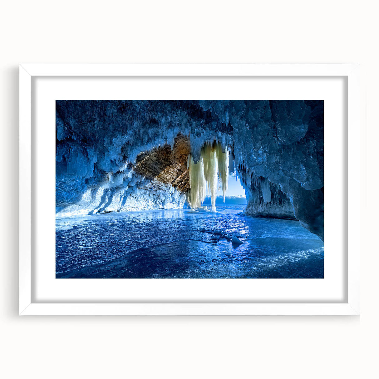 Abstract art print of Michigan's Upper Peninsula in muted blues and greens on a white framed mat.
