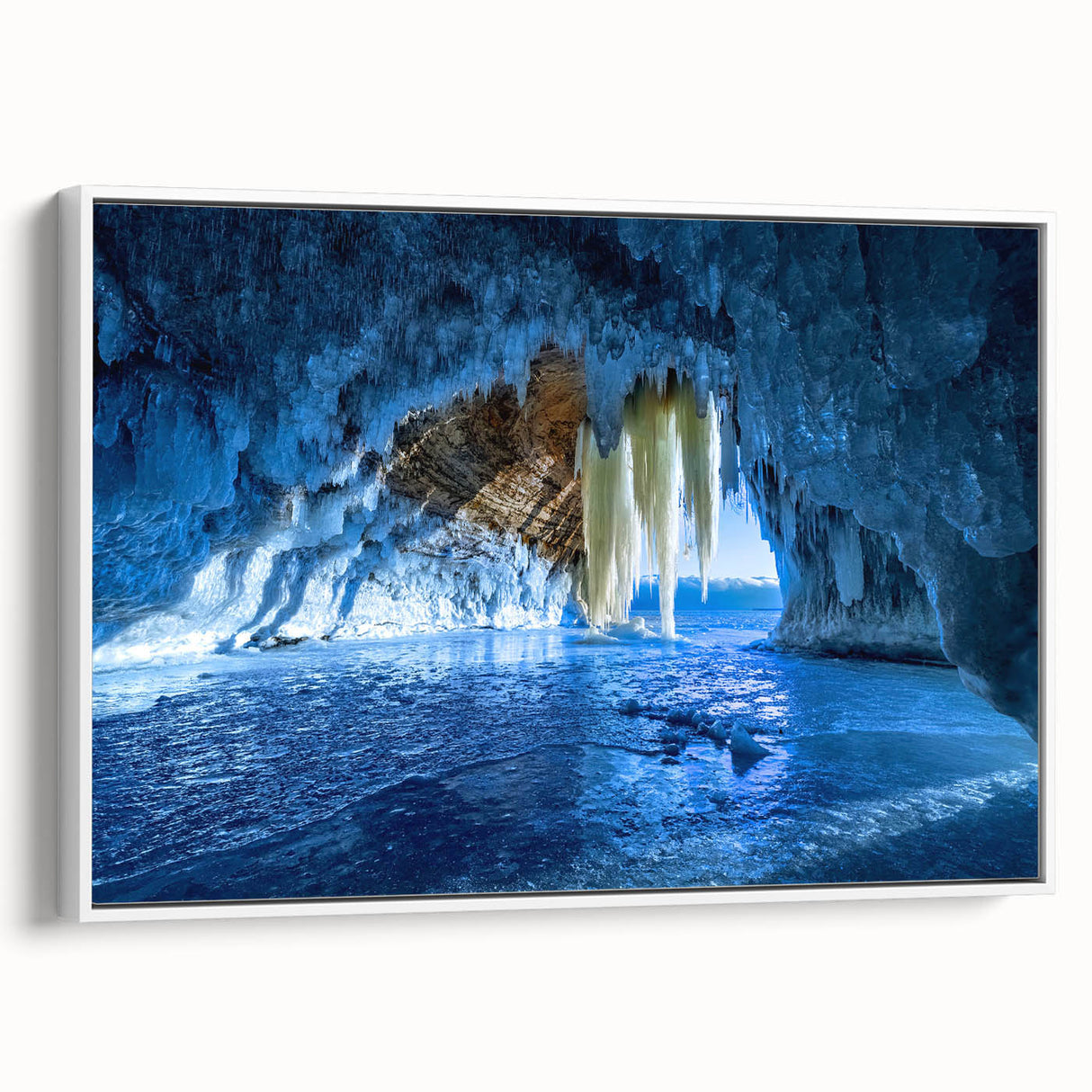 Vintage poster art of Michigan's Upper Peninsula in colorful hues on a large framed canvas, ideal for living room decor.