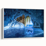 Vintage poster art of Michigan's Upper Peninsula in colorful hues on a large framed canvas, ideal for living room decor.