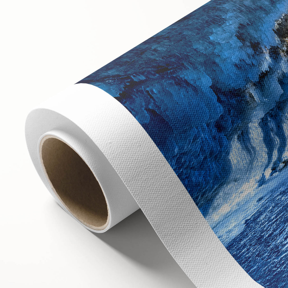 Art deco poster of Michigan's Upper Peninsula in muted greens and blues on rolled canvas, ideal for nursery wall art.