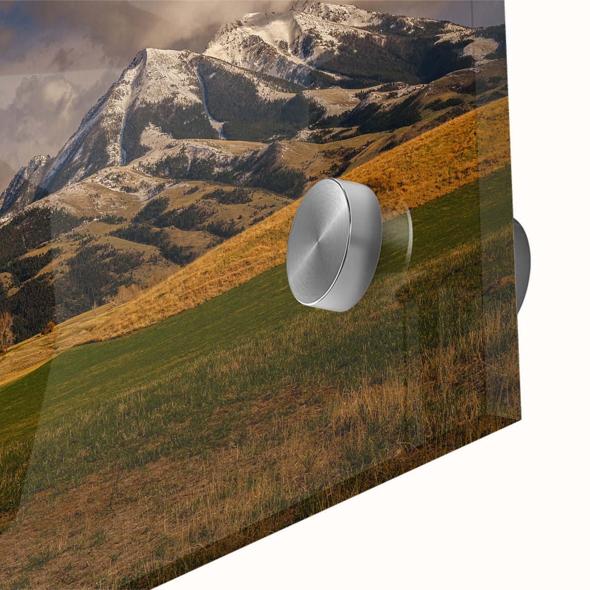 Large abstract wall art depicting Montana scenery in mid-century modernist style on acrylic glass, ideal for dining room art.