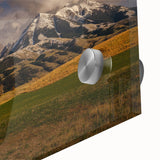 Large abstract wall art depicting Montana scenery in mid-century modernist style on acrylic glass, ideal for dining room art.