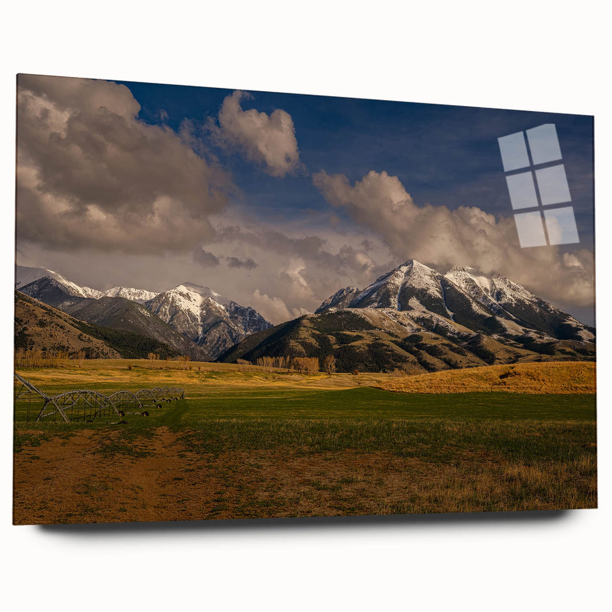 Large abstract wall art of Montana scenery in muted earth tones on acrylic glass, suitable for bedroom or dining room decor.