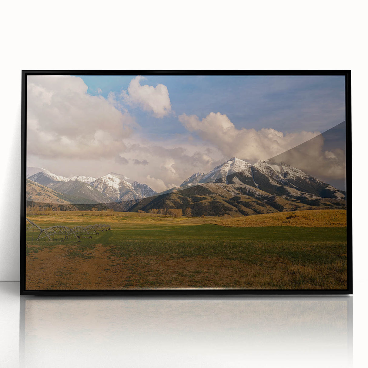 Large abstract wall art depicting a Montana landscape in muted earth tones on a framed acrylic.