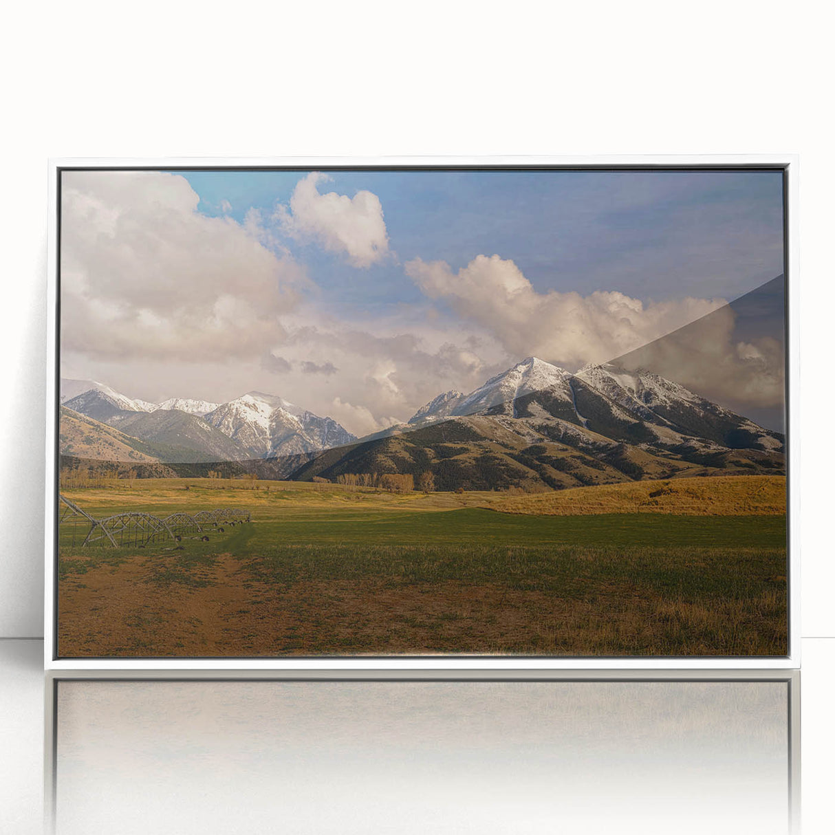 Acrylic print of a Montana landscape in art deco style, featuring soft pastel colors.