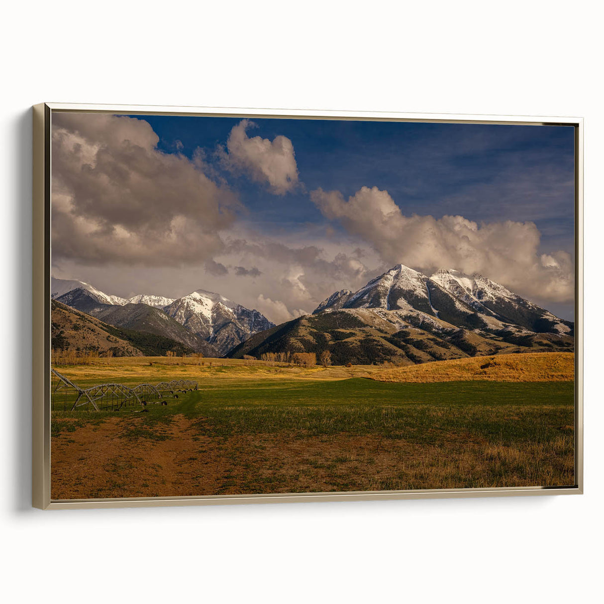Framed canvas depicting a Montana landscape in muted earth tones, ideal for bedroom wall art.