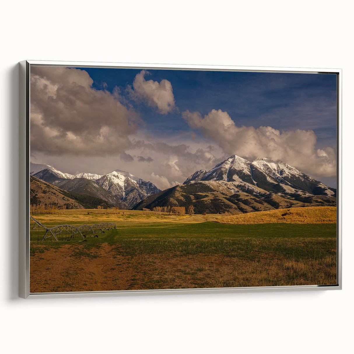 Framed canvas featuring a landscape art painting of Montana scenery in muted earth tones, ideal for living room decor.