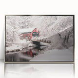 Mid-century modernist art of New Hampshire scenery in silver acrylic frame, featuring cool blue and green tones.