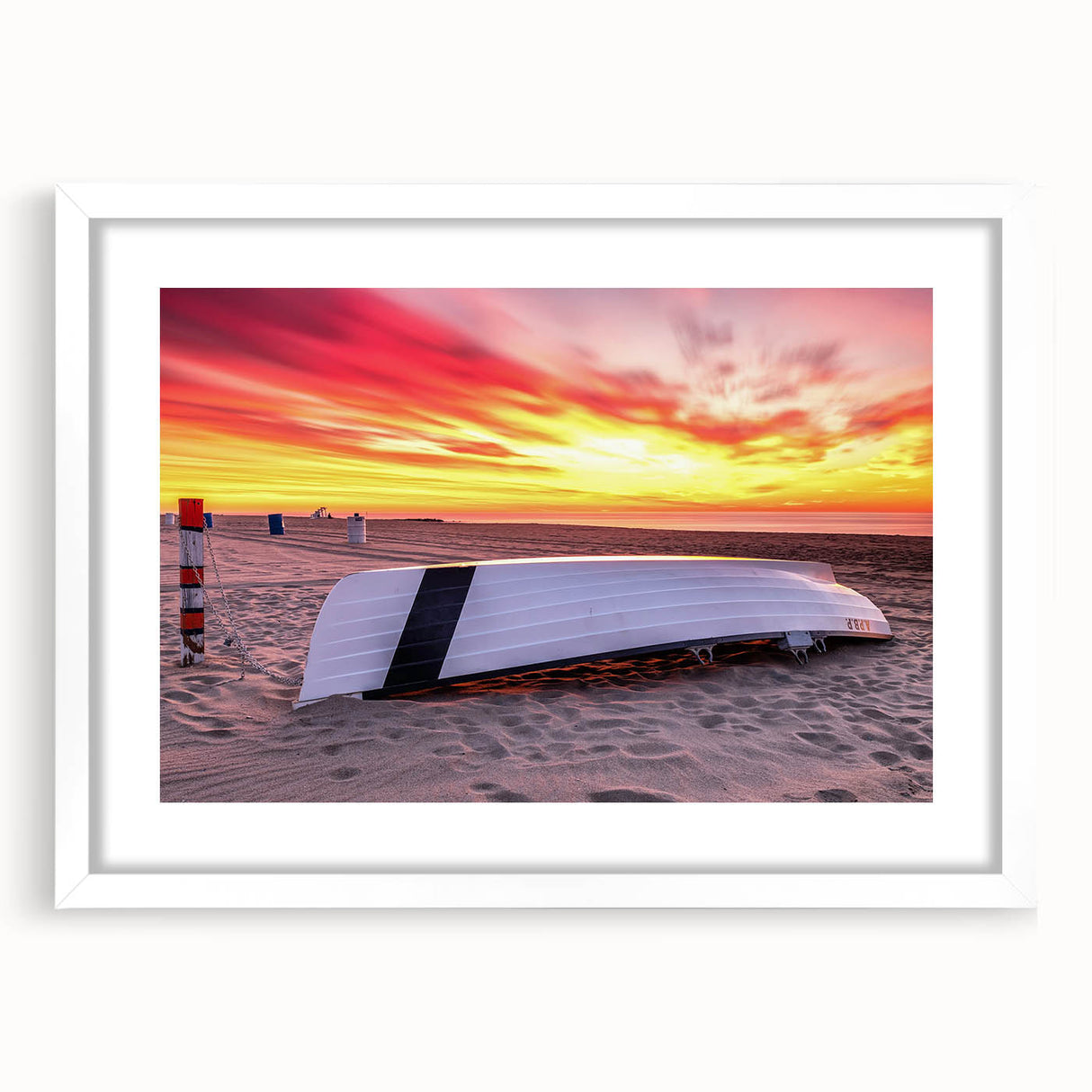 Abstract art print of a New Jersey scenery in muted green and blue tones, framed with a white mat.