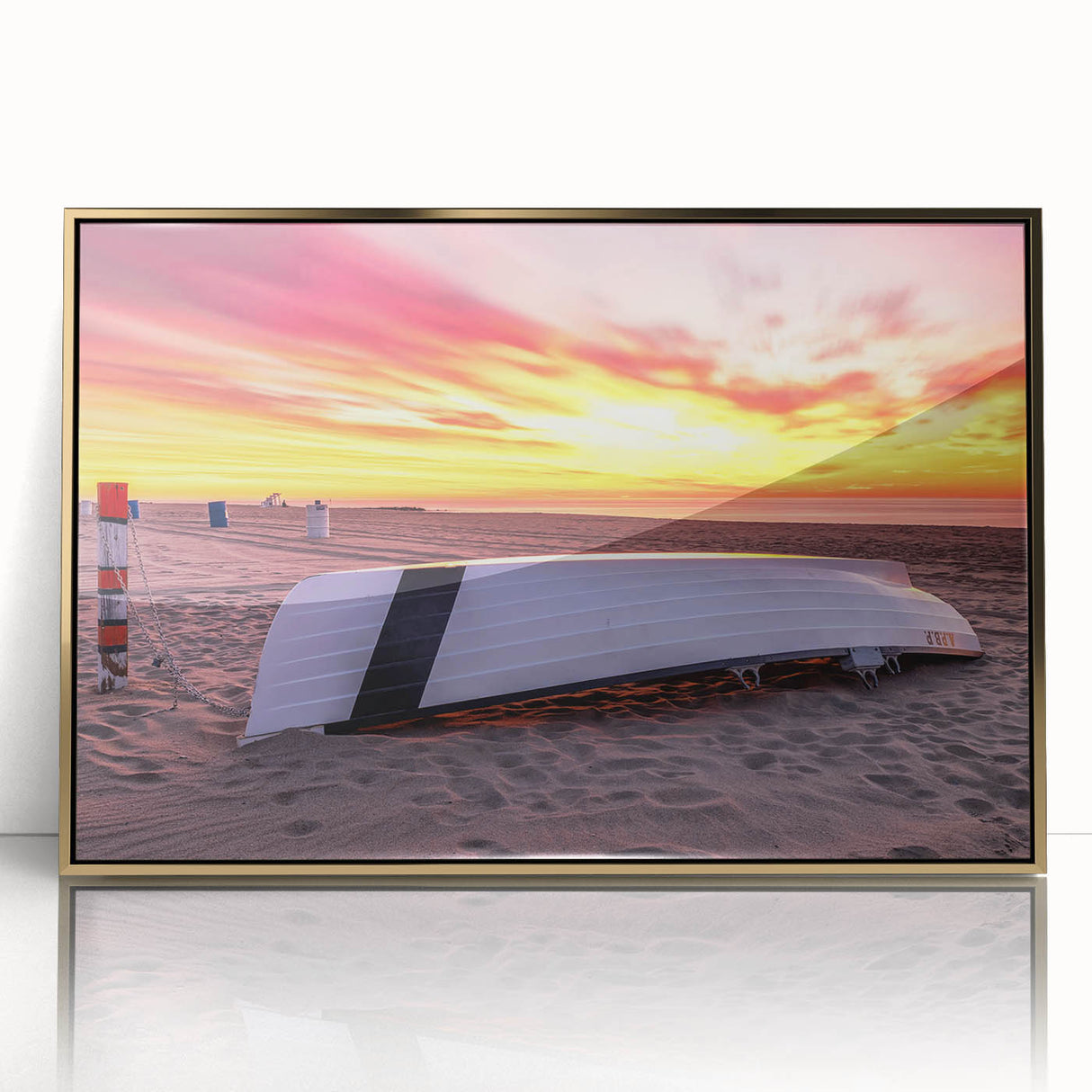Large art print of New Jersey scenery in mid-century modernist style with gold frame, ideal for modern art wall decor.