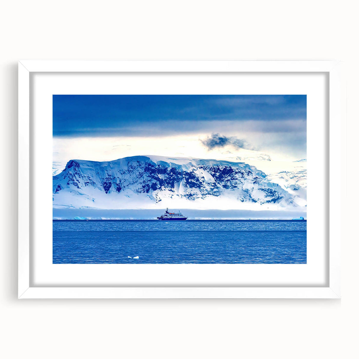 Abstract art print of Charlotte skyline in muted gray and blue tones on a framed white mat, ideal for dining room decor.