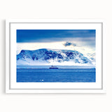 Abstract art print of Charlotte skyline in muted gray and blue tones on a framed white mat, ideal for dining room decor.