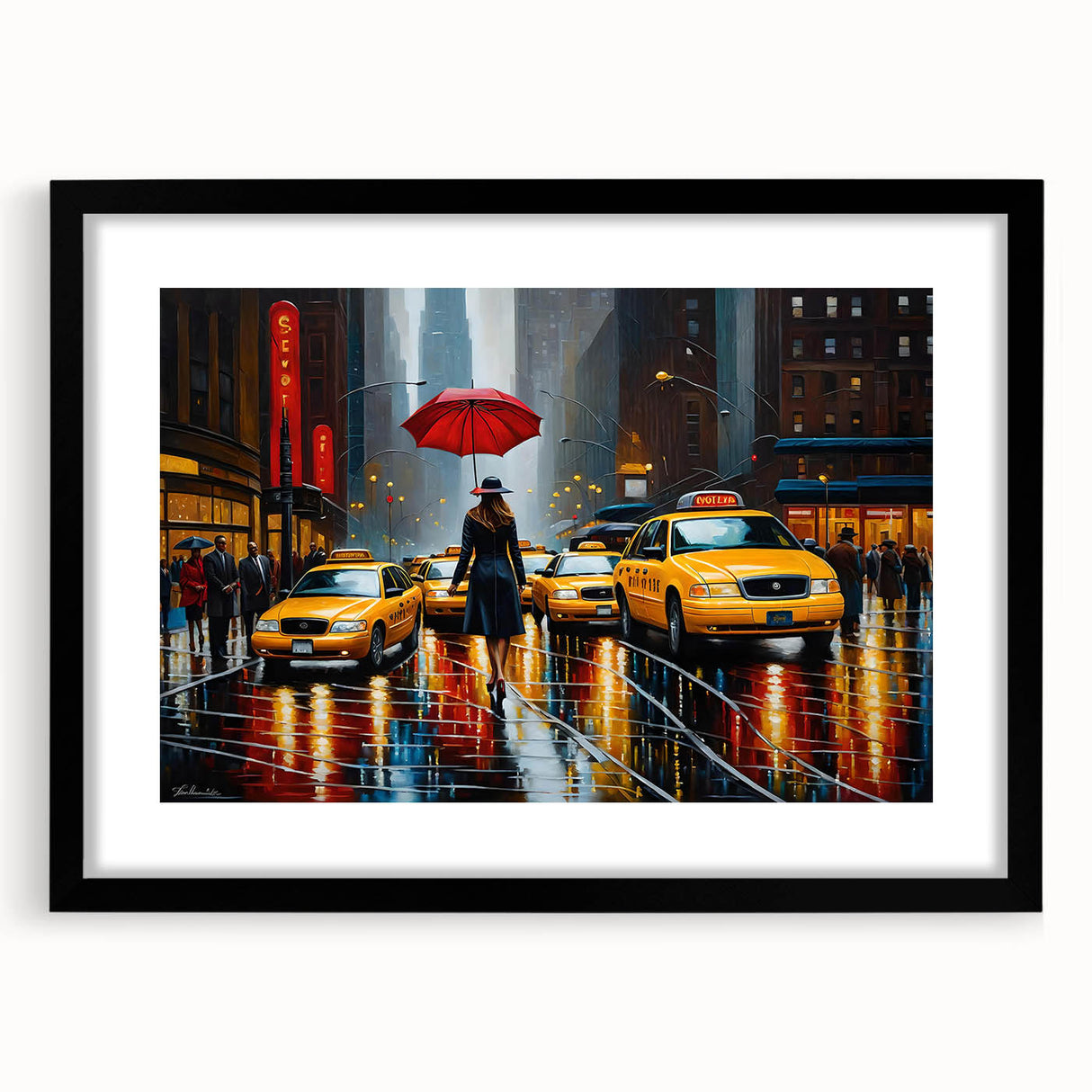 Extra large abstract art print of colorful, textured Manhattan skyline on a black framed canvas, ideal for living room decor.