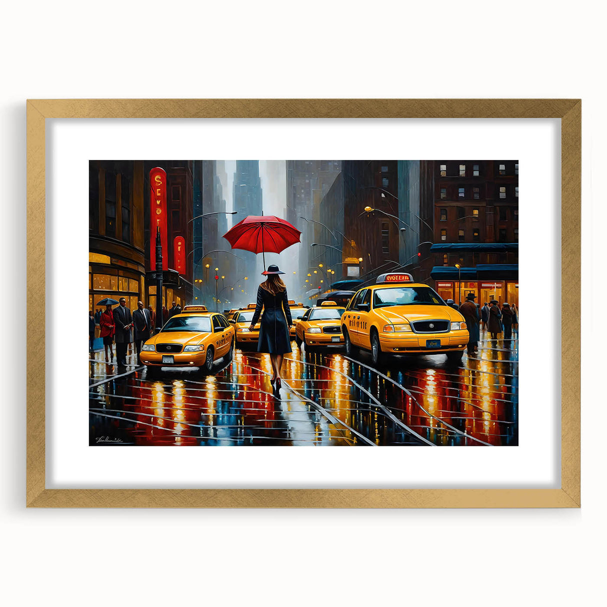 Extra large abstract art print of Manhattan skyline in textured gold frame, ideal for living room decor.