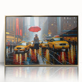 Large acrylic print of Manhattan skyline in gold and black tones, framed, in mid-century modernist style.