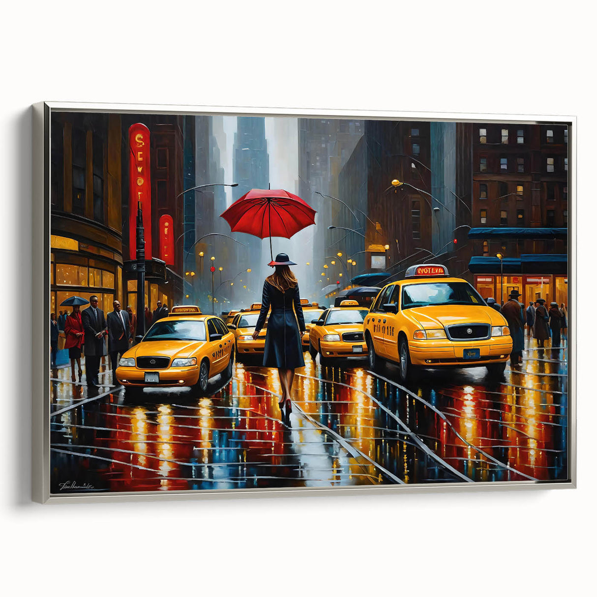 Framed canvas featuring a vintage-style Manhattan skyline in black with colorful accents.