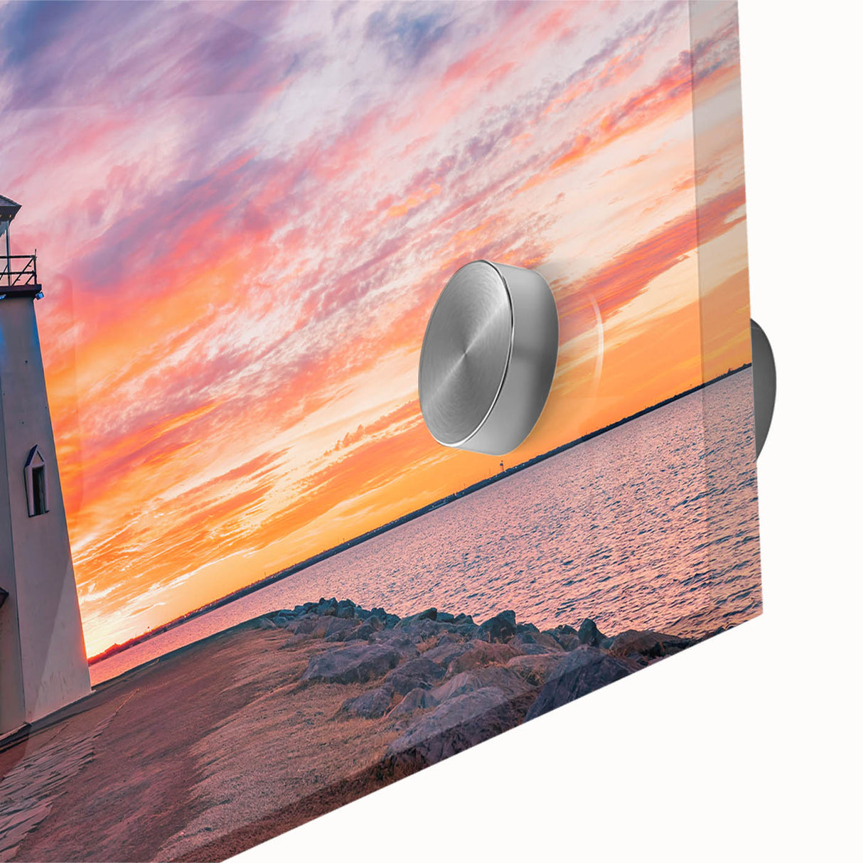 Large abstract wall art featuring vibrant hues of orange and blue on acrylic glass, ideal for dining room ambiance.