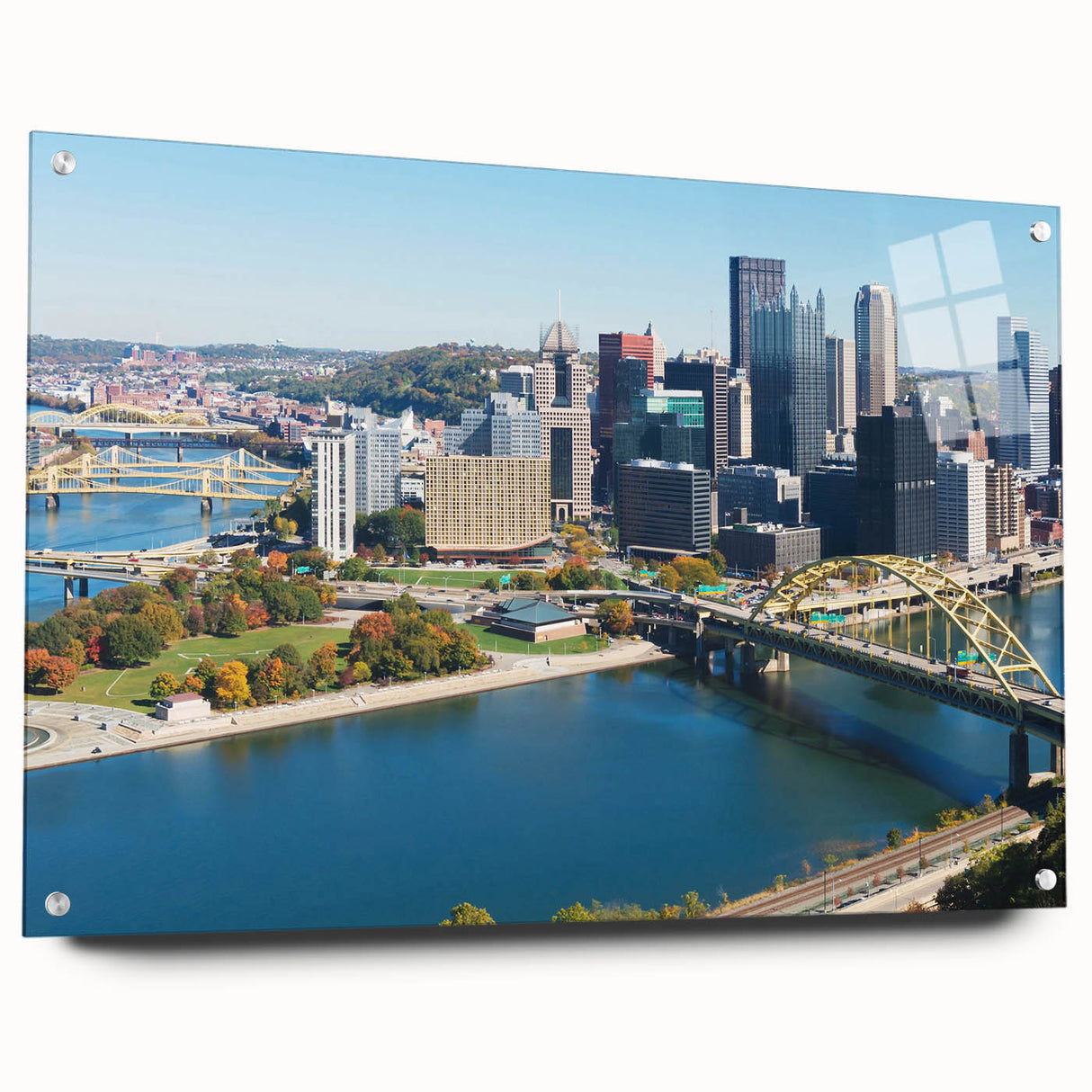 Acrylic print of Pittsburgh skyline in muted gray and blue tones, suitable for bedroom or dining room decor.