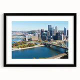 Extra large framed abstract print of Pittsburgh skyline in vibrant, colorful hues, ideal for living room decor.