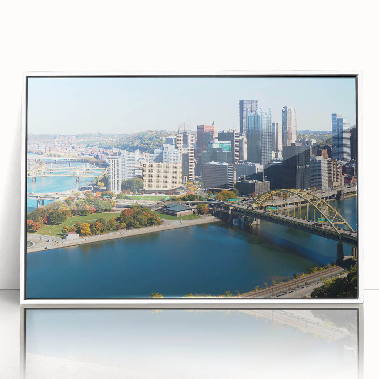 Acrylic print of Pittsburgh skyline in art deco style, featuring muted gray and blue tones, ideal for modern art wall decor.
