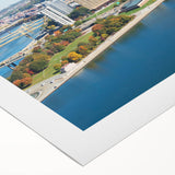 Art deco poster of Pittsburgh skyline in muted gray and blue tones on rolled canvas, suitable for dining room wall art.