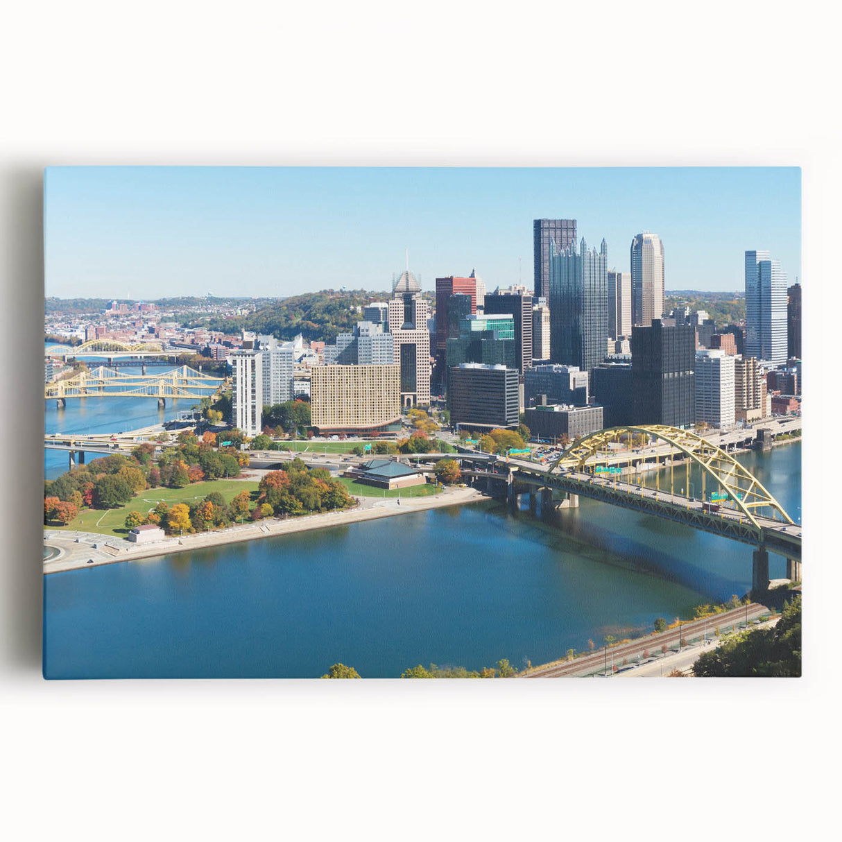 Black and white photograph of Pittsburgh skyline on large stretched canvas, suitable for kitchen wall art.