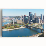 Black and white photograph of Pittsburgh skyline on large stretched canvas, suitable for kitchen wall art.
