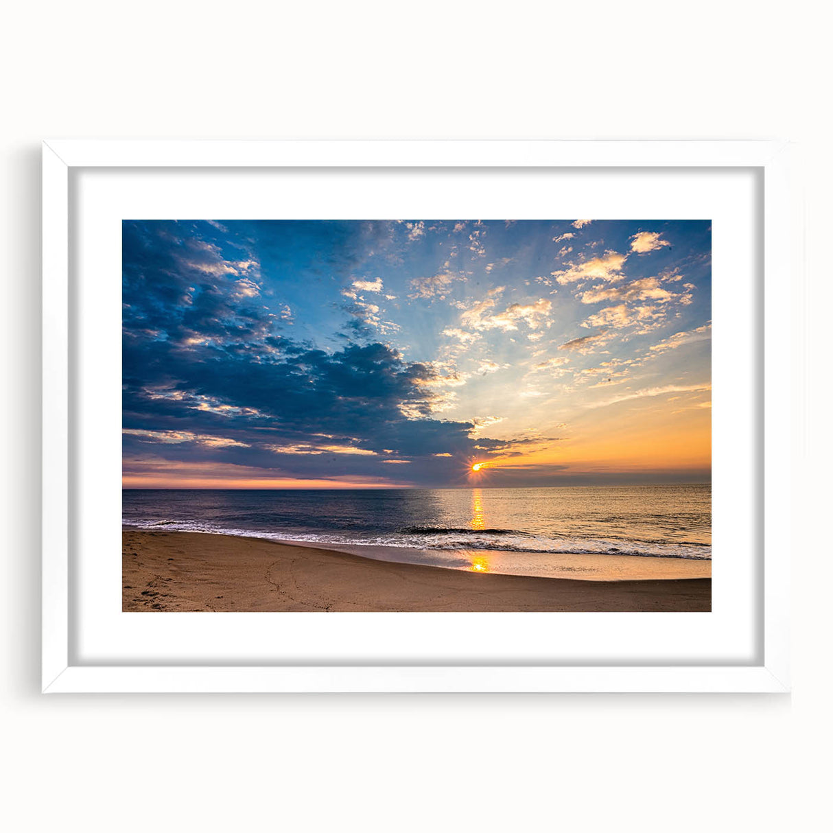 Abstract art print of a Virginia landscape in muted green and blue tones, framed with a white mat.