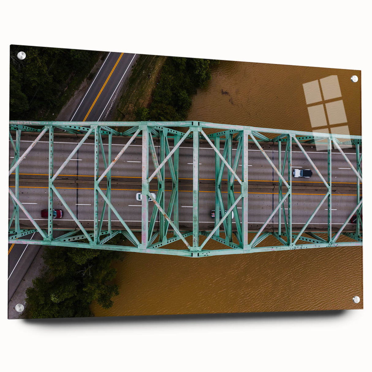 Large abstract wall art depicting West Virginia scenery in muted earth tones on acrylic glass.