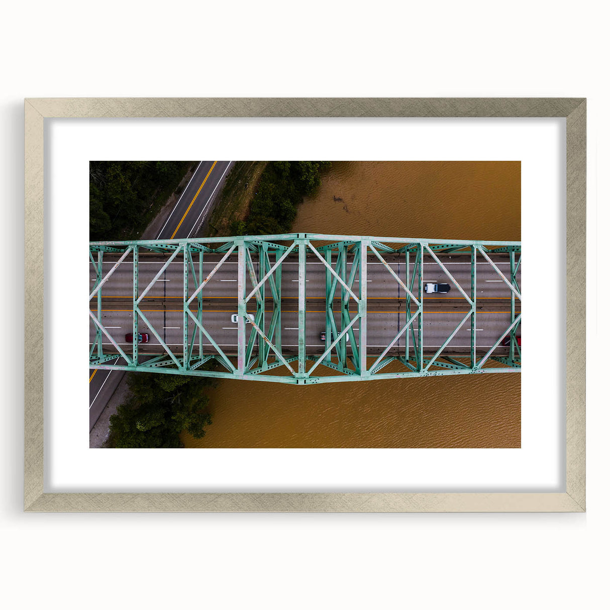 Textured art print depicting an abstract West Virginia landscape in muted earth tones on a framed silver mat.
