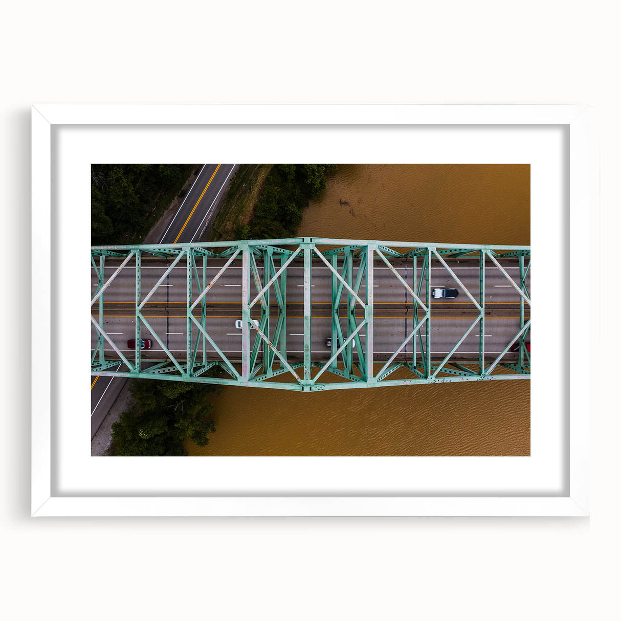 Abstract art print of West Virginia scenery in muted green and blue tones, framed with a white mat.