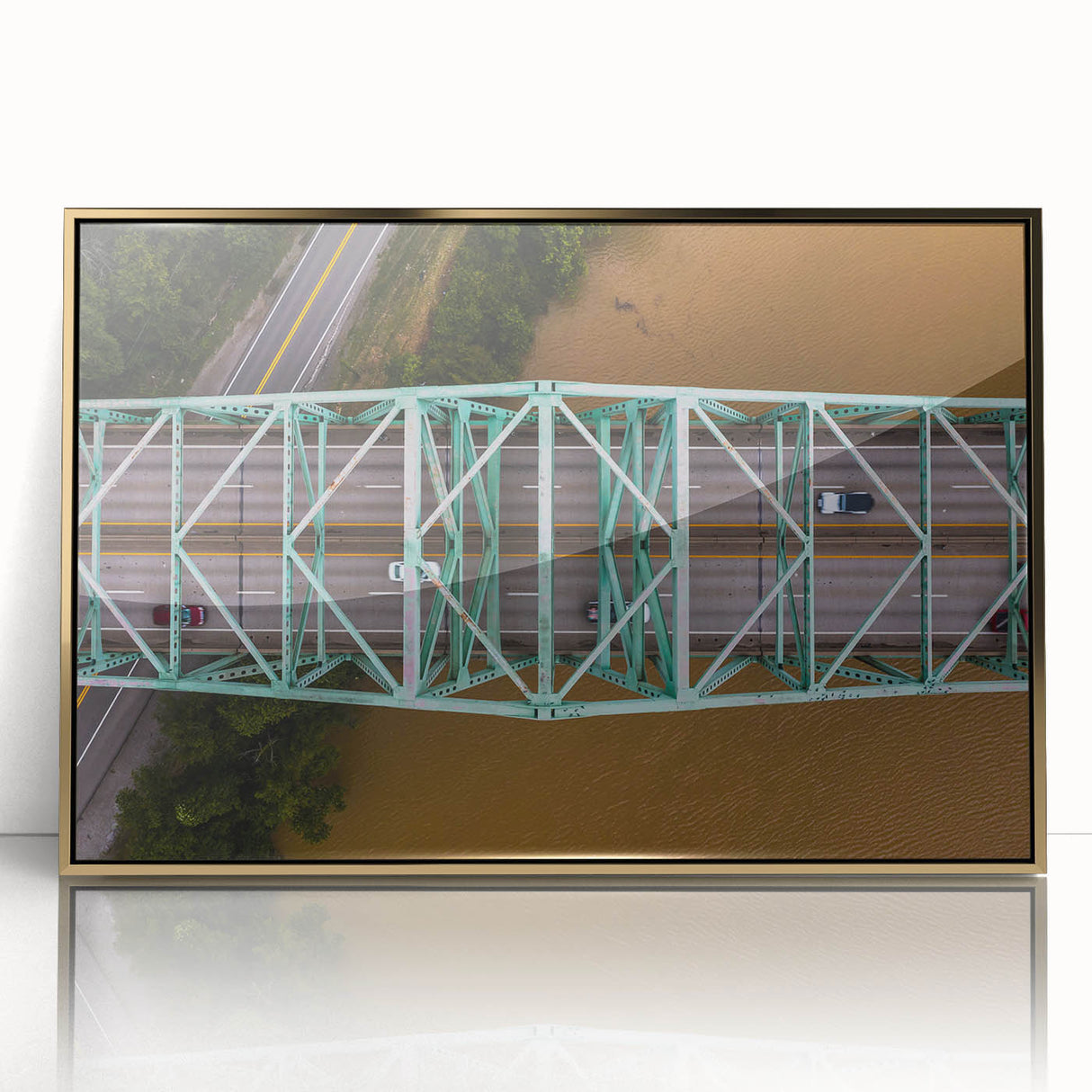 Acrylic print of a West Virginia landscape in muted earth tones, framed in gold, suited for modern art wall decor.