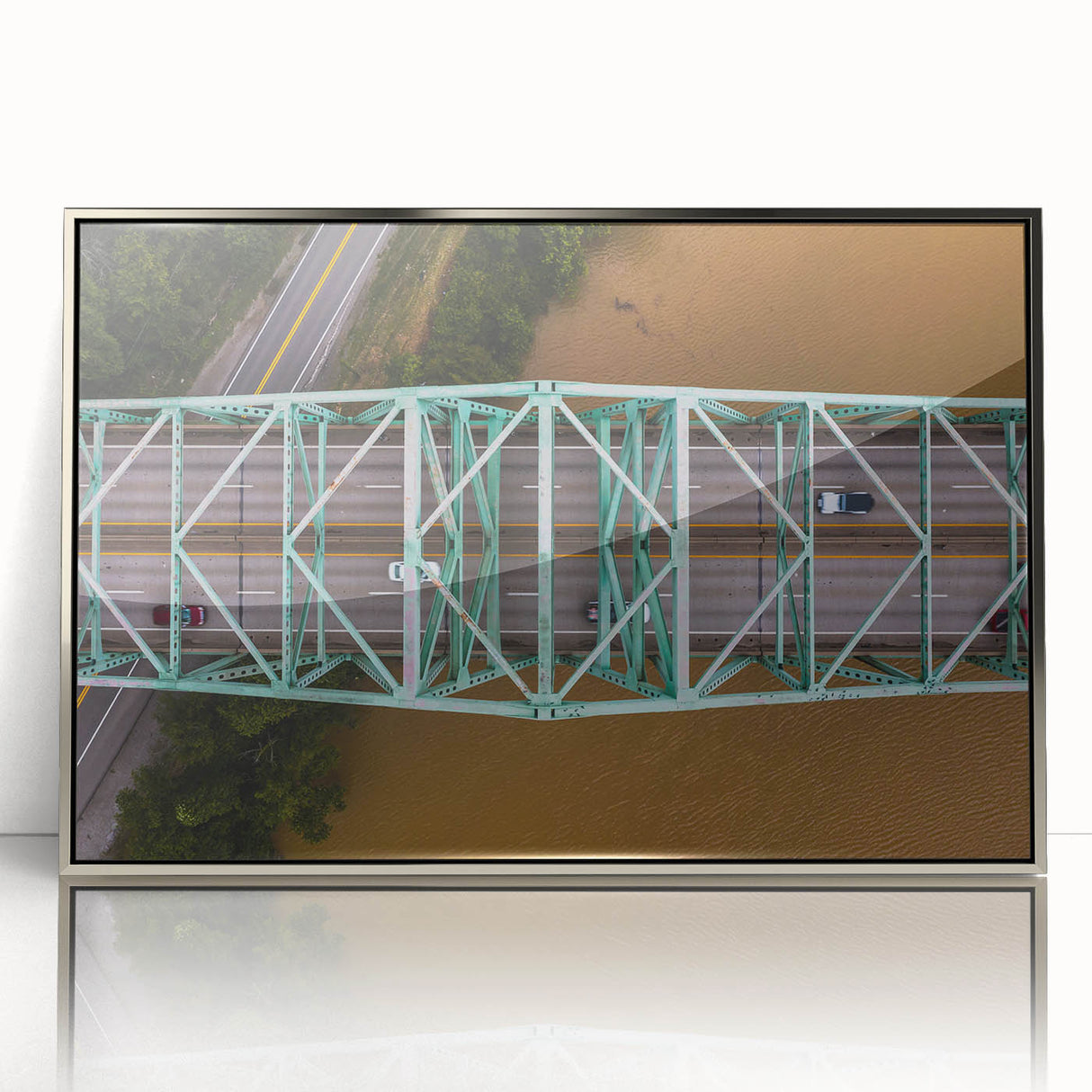 Mid-century modernist art depicting West Virginia scenery in muted earth tones on a framed acrylic.